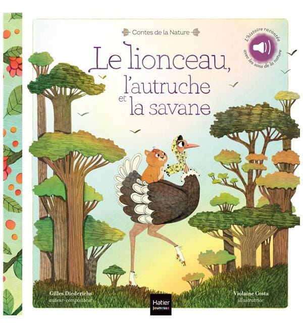 Le lionceau, l'autruche et la savane