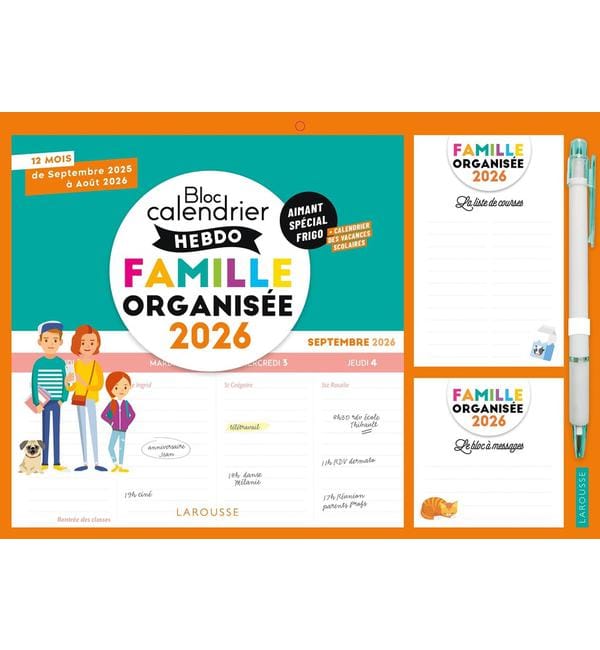 Bloc calendrier hebdo de la famille organisée - 12 mois, de septembre 2025 à août 2026